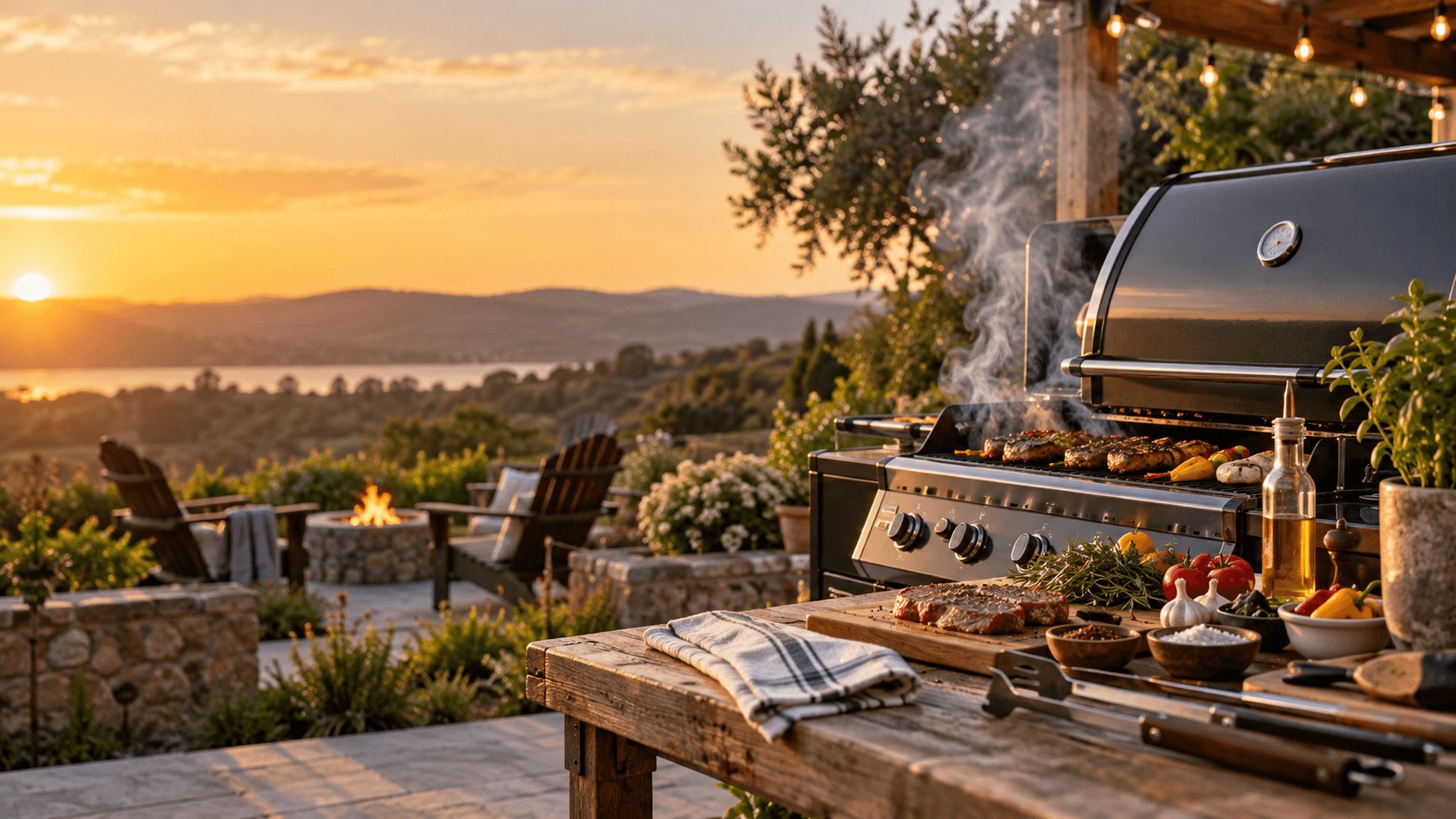 Behind The Grill outdoor BBQ setup at sunset